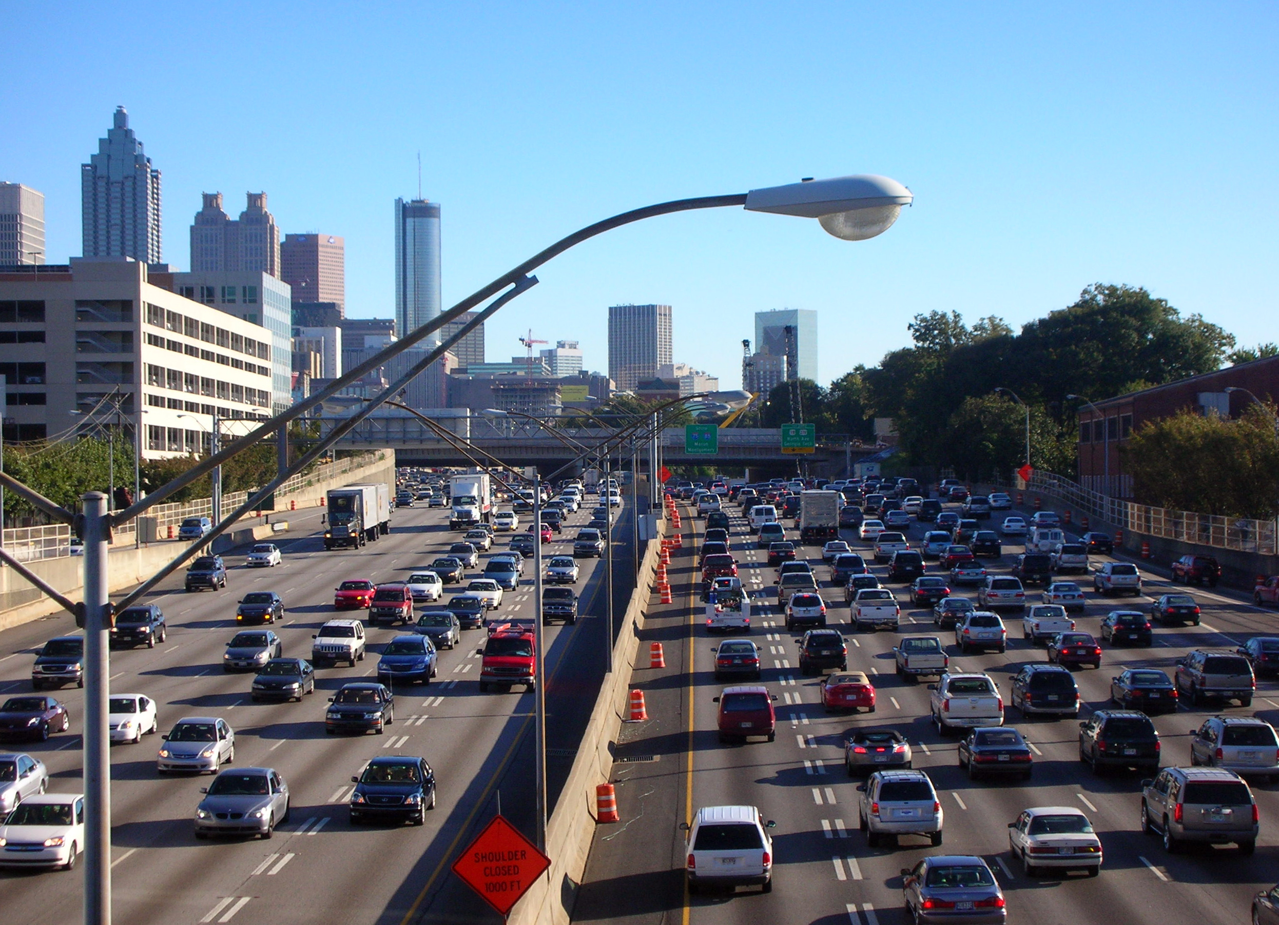 Bumper-to-bumper traffic jamming both directions of the Downtown Connector in Atlanta