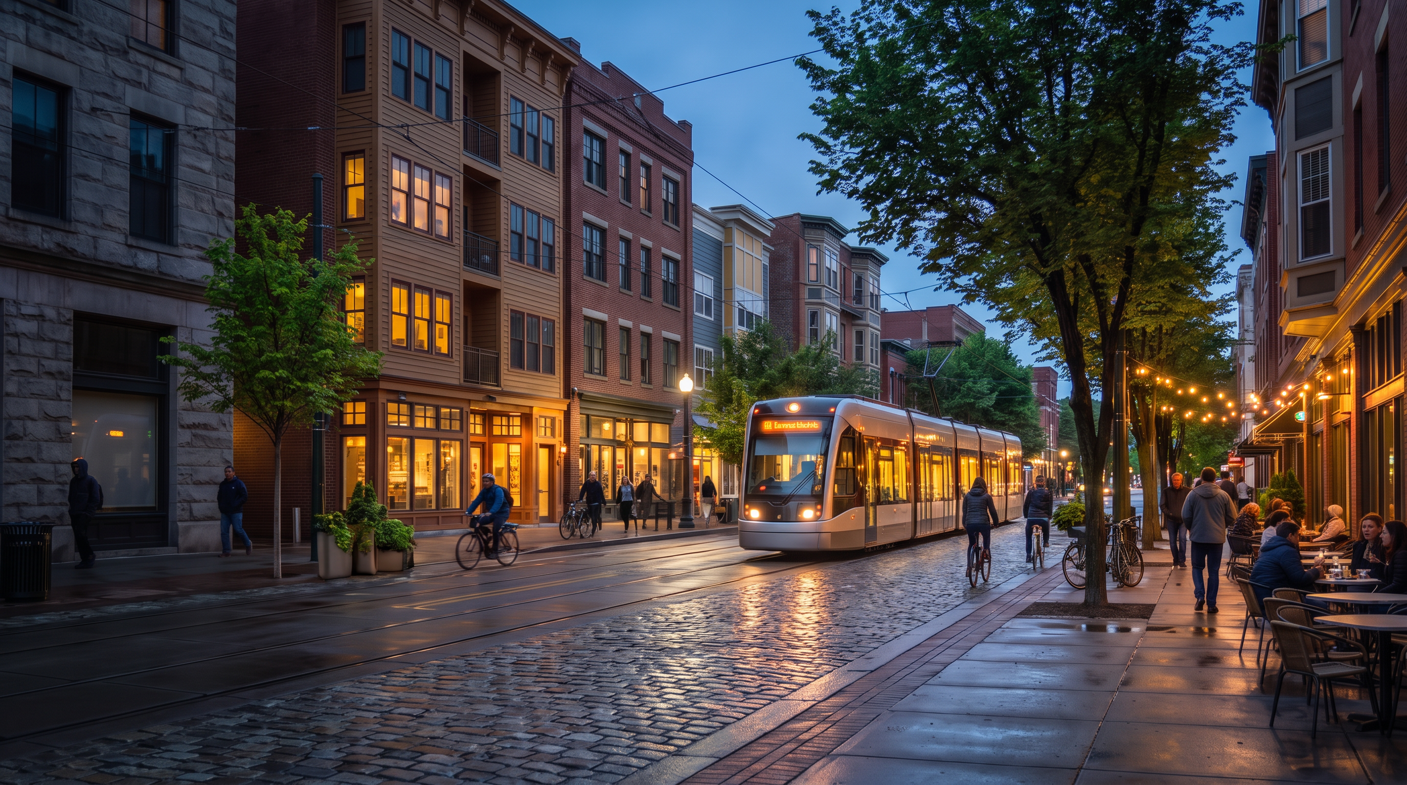 People walking and cycling beside light rail on a narrow cobbled street